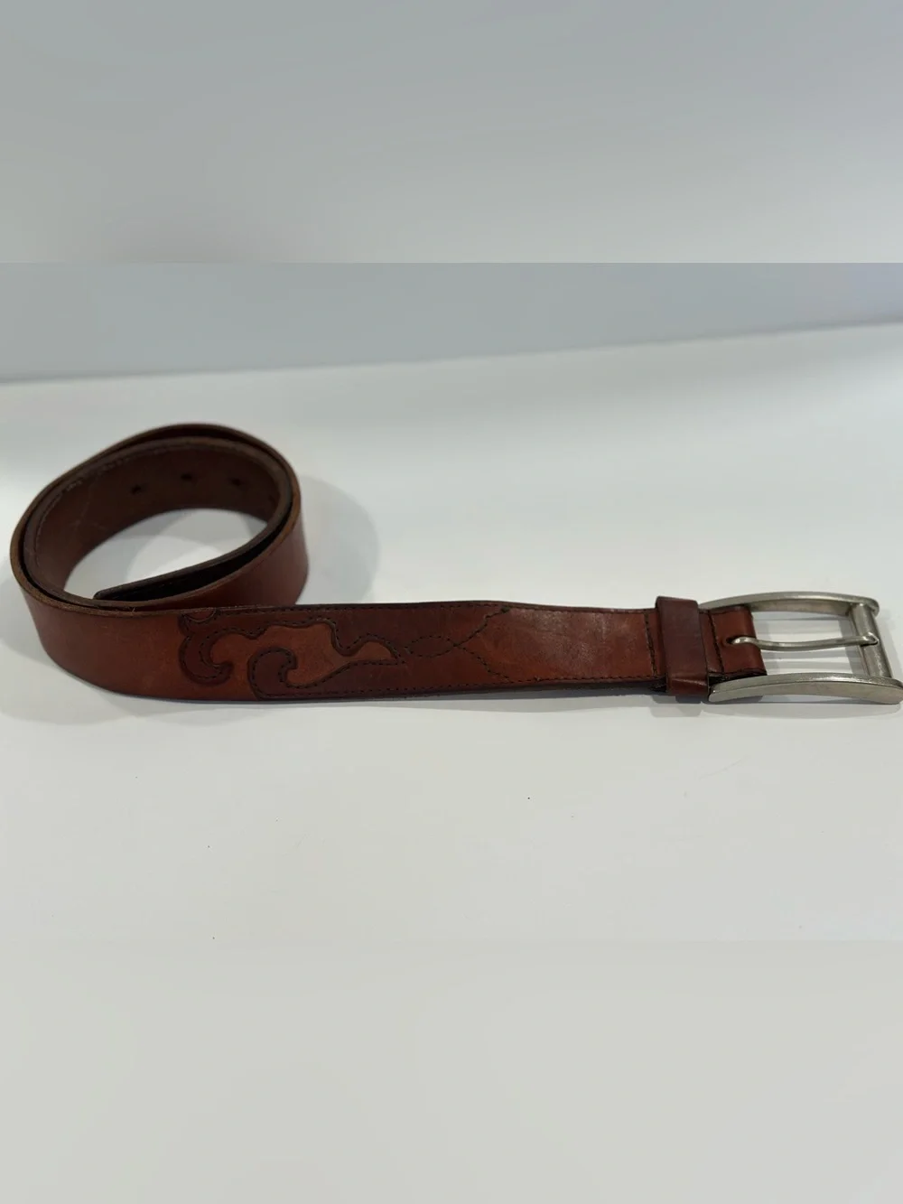 Fossil Full Grain Cowhide Leather Belt Brown Western Scroll Stitch Size 32